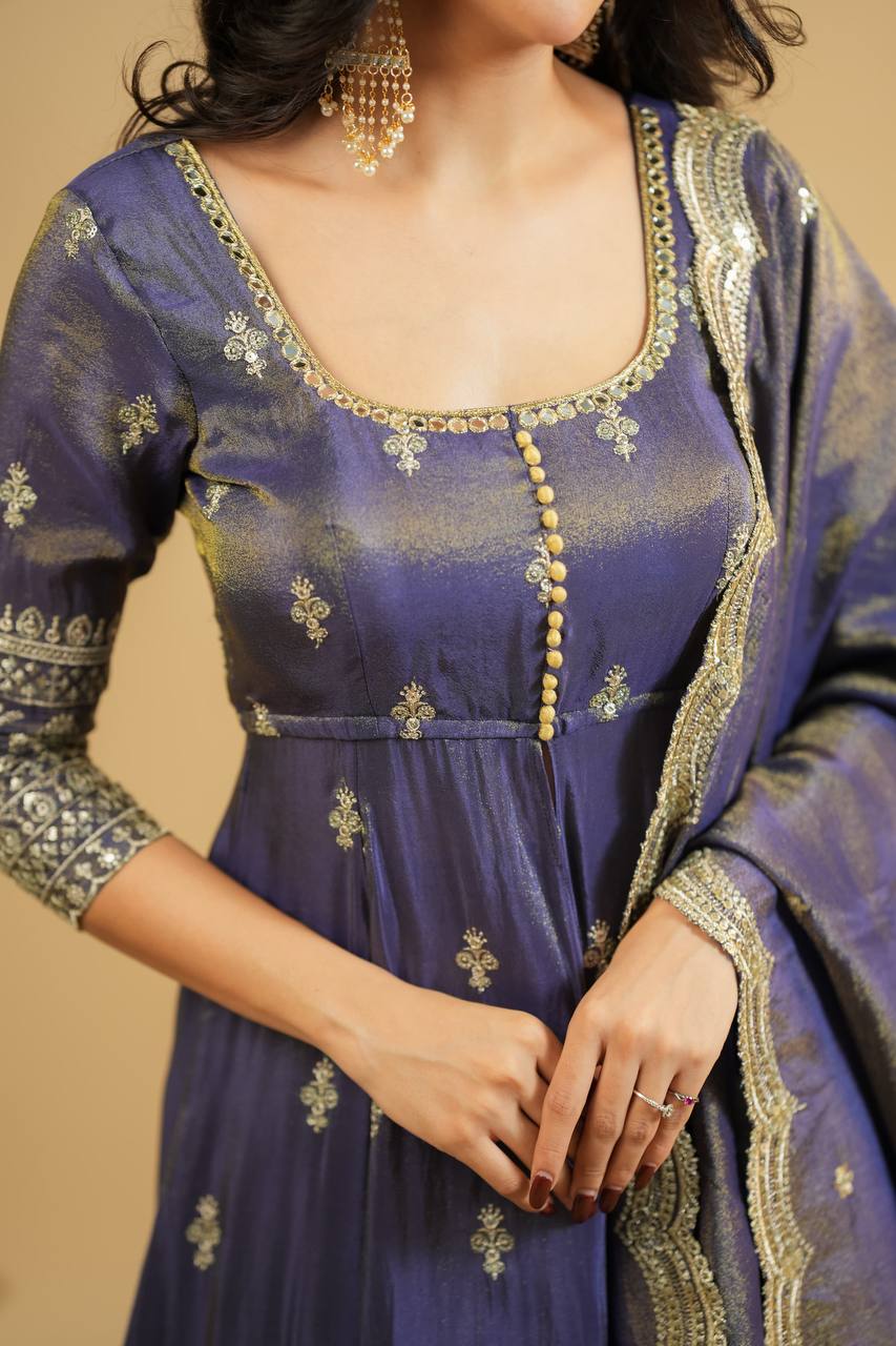 Light Gray Luxury Cosmo Designer Anarkali Suit Set with Heavy Sequins & Thread Embroidery ClothsVilla