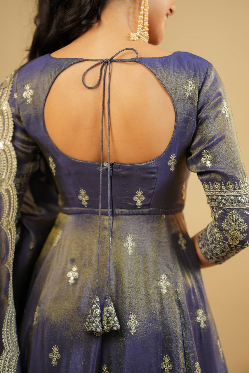 Light Gray Luxury Cosmo Designer Anarkali Suit Set with Heavy Sequins & Thread Embroidery ClothsVilla