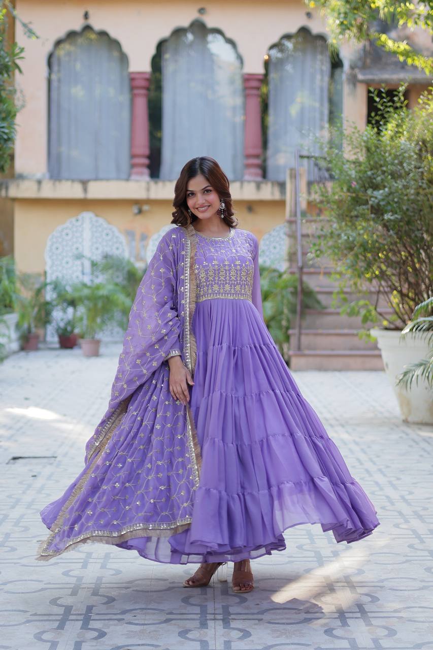 Lavender Luxury Star Georgette Gown with Designer Embroidered Dupatta – 5-Layer Frill Flai