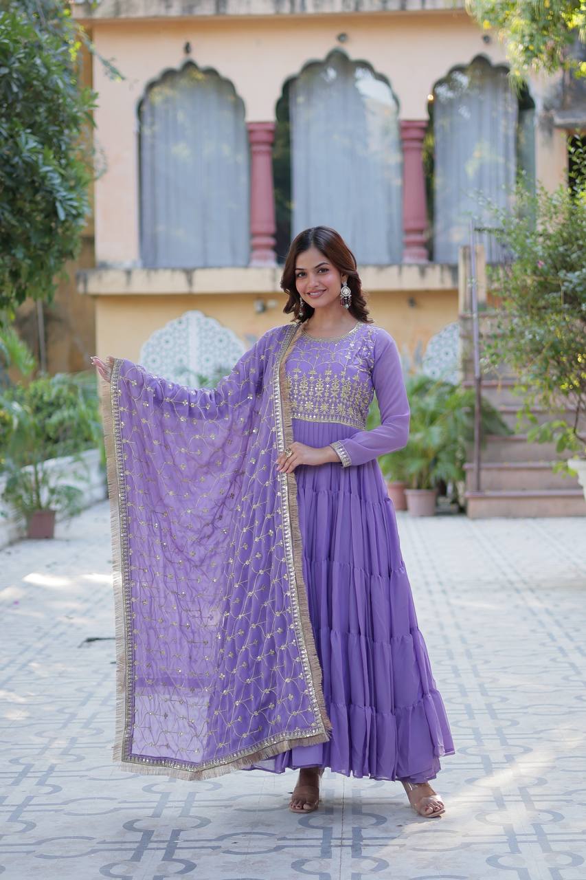 Lavender Luxury Star Georgette Gown with Designer Embroidered Dupatta – 5-Layer Frill Flai