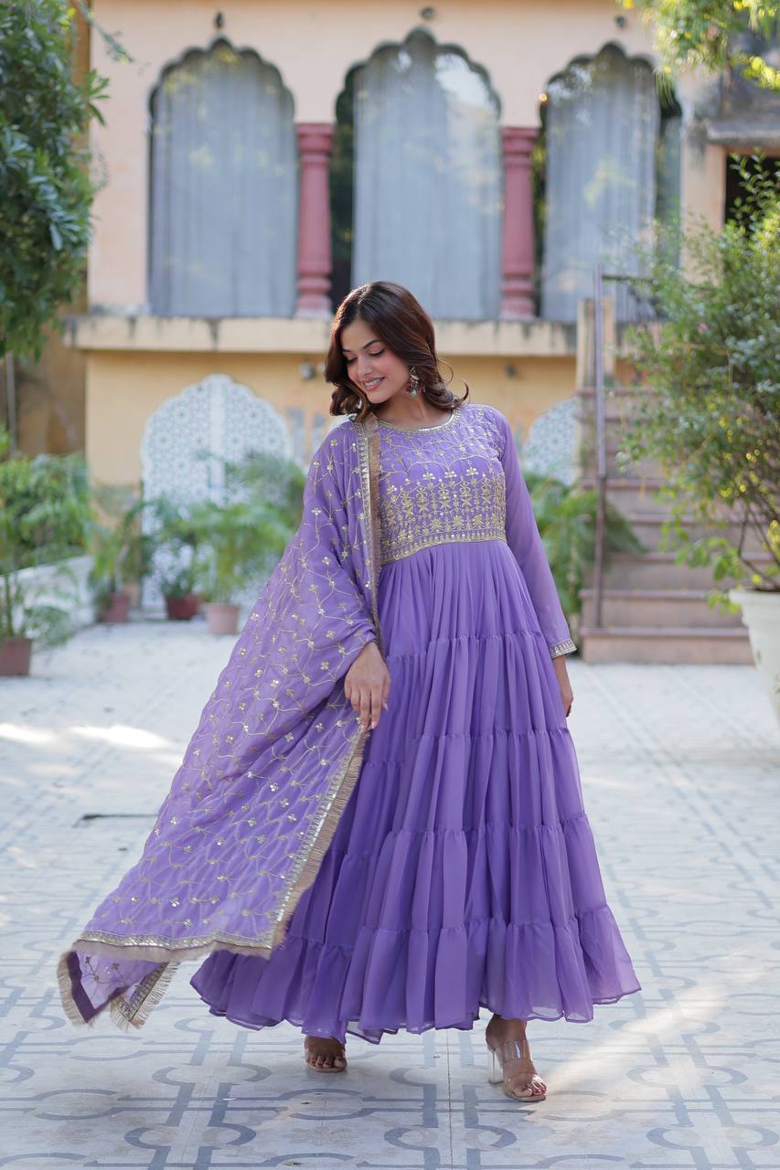 Lavender Luxury Star Georgette Gown with Designer Embroidered Dupatta – 5-Layer Frill Flai