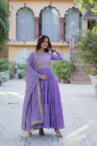 Lavender Luxury Star Georgette Gown with Designer Embroidered Dupatta – 5-Layer Frill Flai