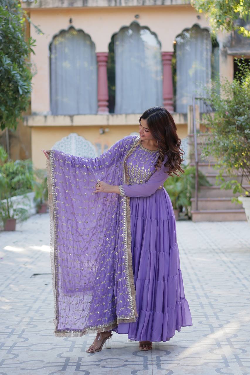 Lavender Luxury Star Georgette Gown with Designer Embroidered Dupatta – 5-Layer Frill Flai