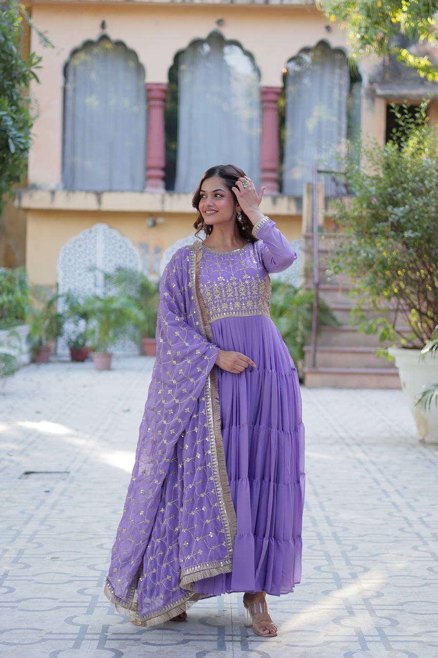 Lavender Luxury Star Georgette Gown with Designer Embroidered Dupatta – 5-Layer Frill Flai