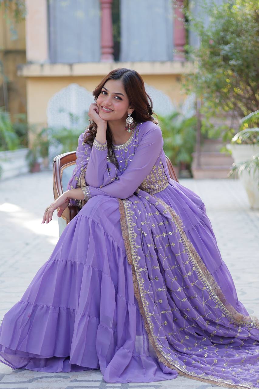 Lavender Luxury Star Georgette Gown with Designer Embroidered Dupatta – 5-Layer Frill Flai