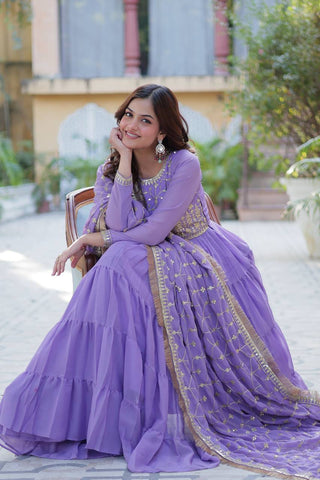 Lavender Luxury Star Georgette Gown with Designer Embroidered Dupatta – 5-Layer Frill Flai