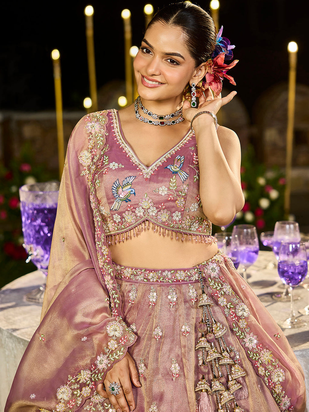 Lavender Luxury Tissue Fabric Sequin & Embroidery Work Lehenga Choli with Dupatta – 4.5 Meter Grand Flair, Fully Stitched ClothsVilla