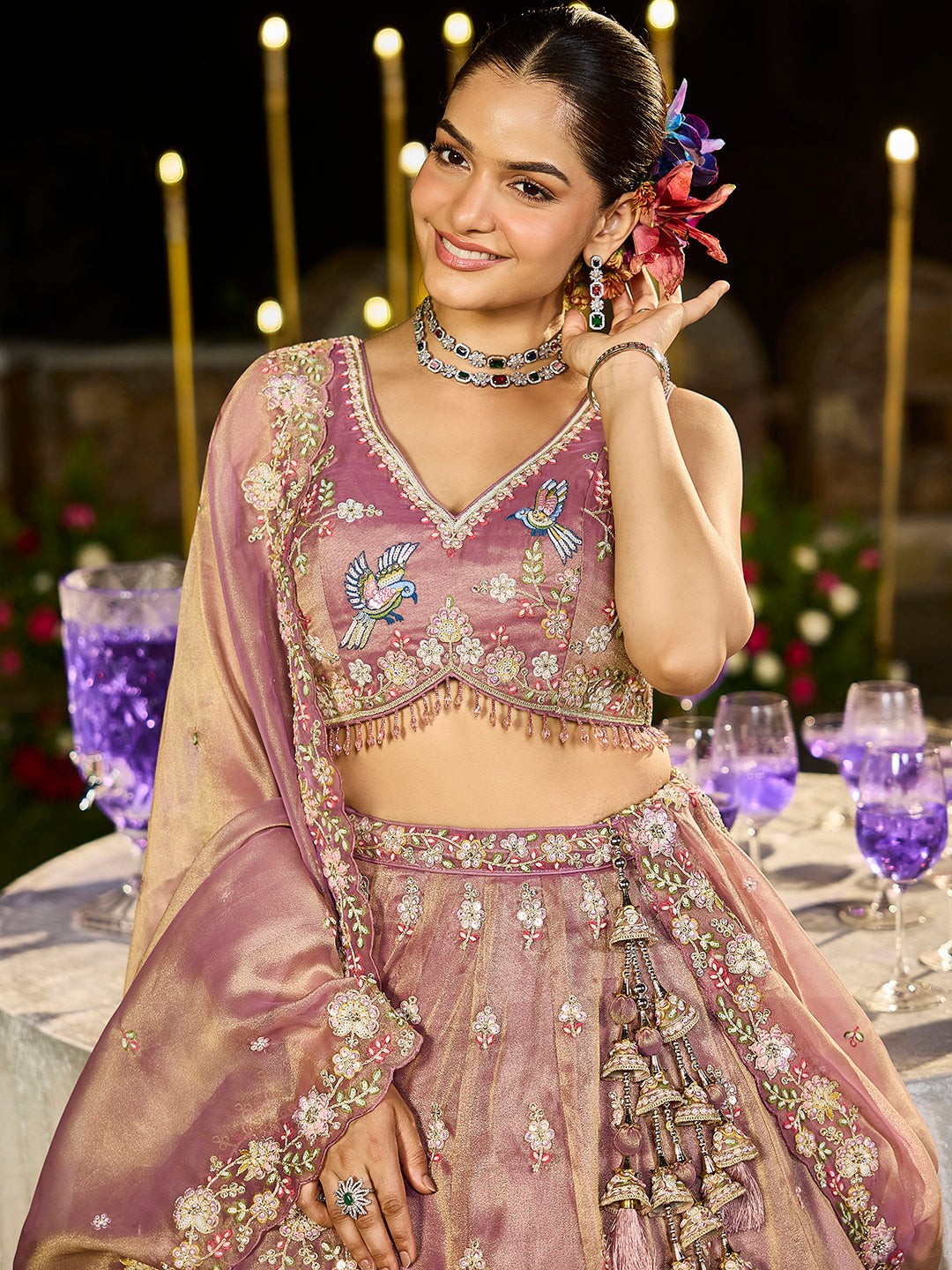 Lavender Luxury Tissue Fabric Sequin & Embroidery Work Lehenga Choli with Dupatta – 4.5 Meter Grand Flair, Fully Stitched ClothsVilla