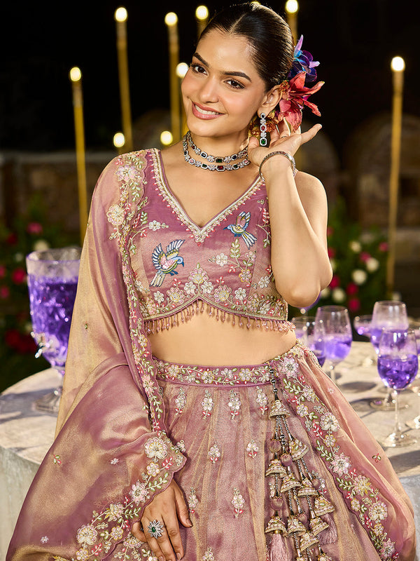 Lavender Luxury Tissue Fabric Sequin & Embroidery Work Lehenga Choli with Dupatta – 4.5 Meter Grand Flair, Fully Stitched ClothsVilla