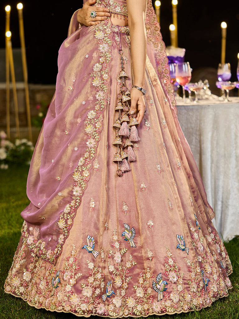 Lavender Luxury Tissue Fabric Sequin & Embroidery Work Lehenga Choli with Dupatta – 4.5 Meter Grand Flair, Fully Stitched ClothsVilla