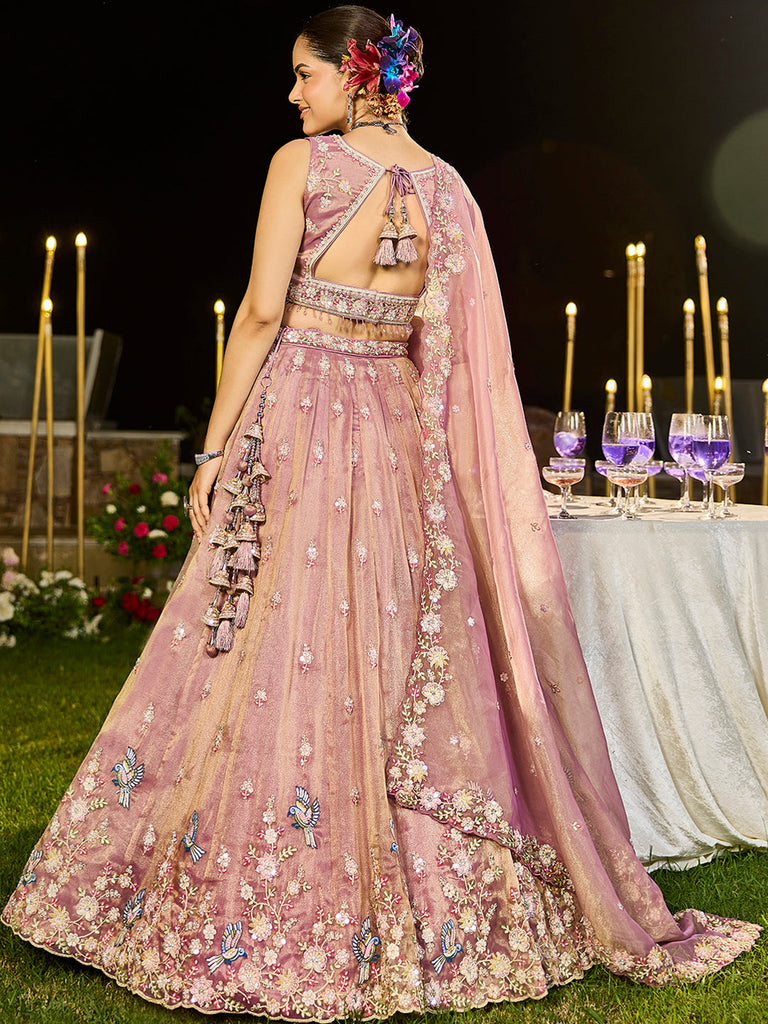 Lavender Luxury Tissue Fabric Sequin & Embroidery Work Lehenga Choli with Dupatta – 4.5 Meter Grand Flair, Fully Stitched ClothsVilla