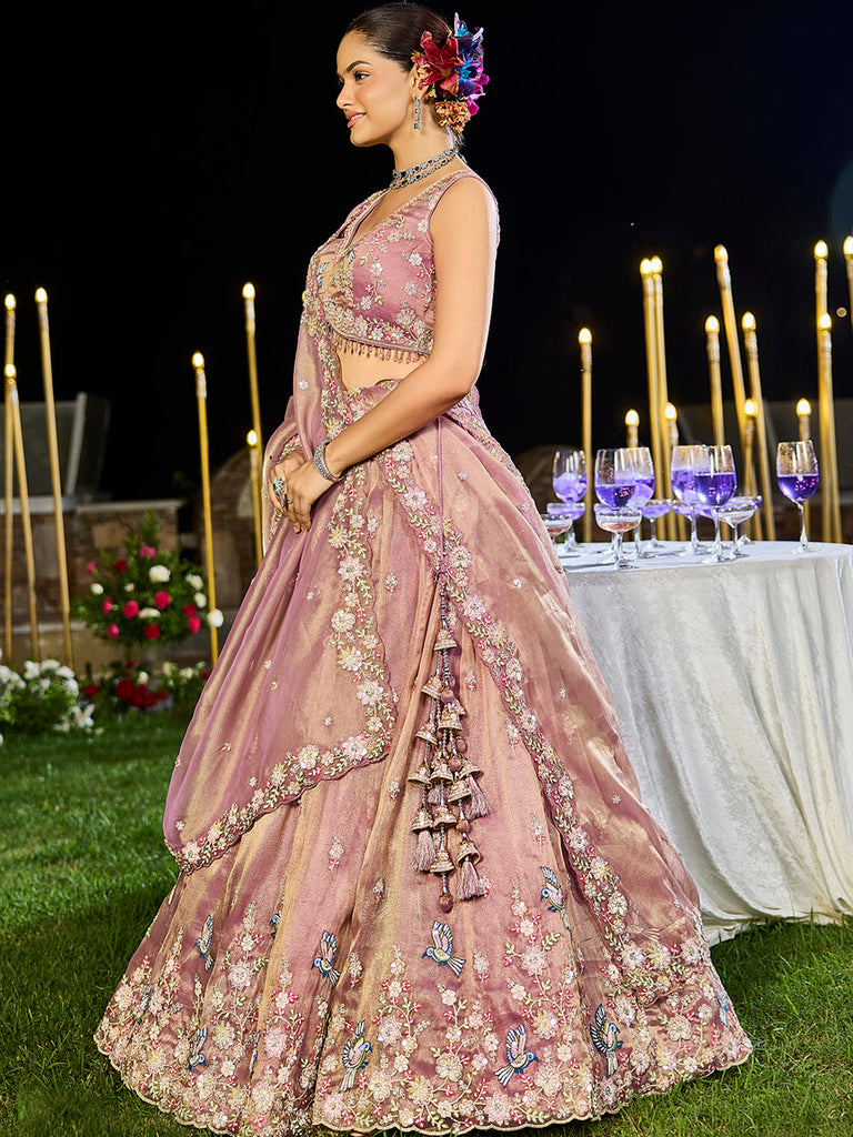 Lavender Luxury Tissue Fabric Sequin & Embroidery Work Lehenga Choli with Dupatta – 4.5 Meter Grand Flair, Fully Stitched ClothsVilla