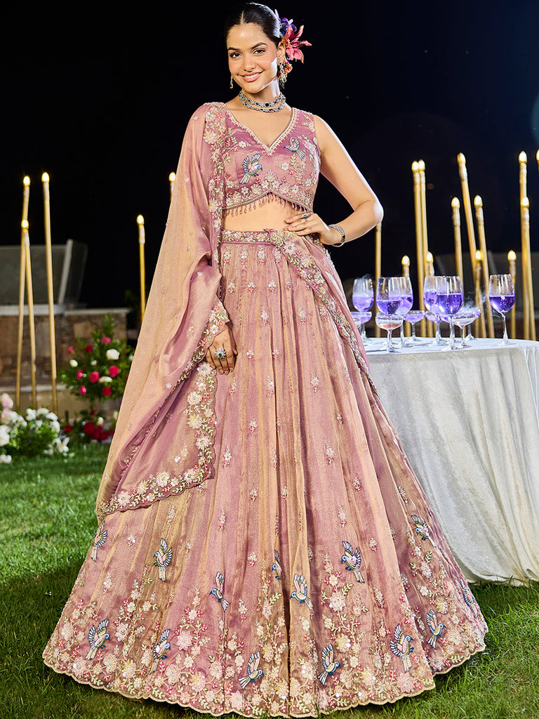 Lavender Luxury Tissue Fabric Sequin & Embroidery Work Lehenga Choli with Dupatta – 4.5 Meter Grand Flair, Fully Stitched ClothsVilla