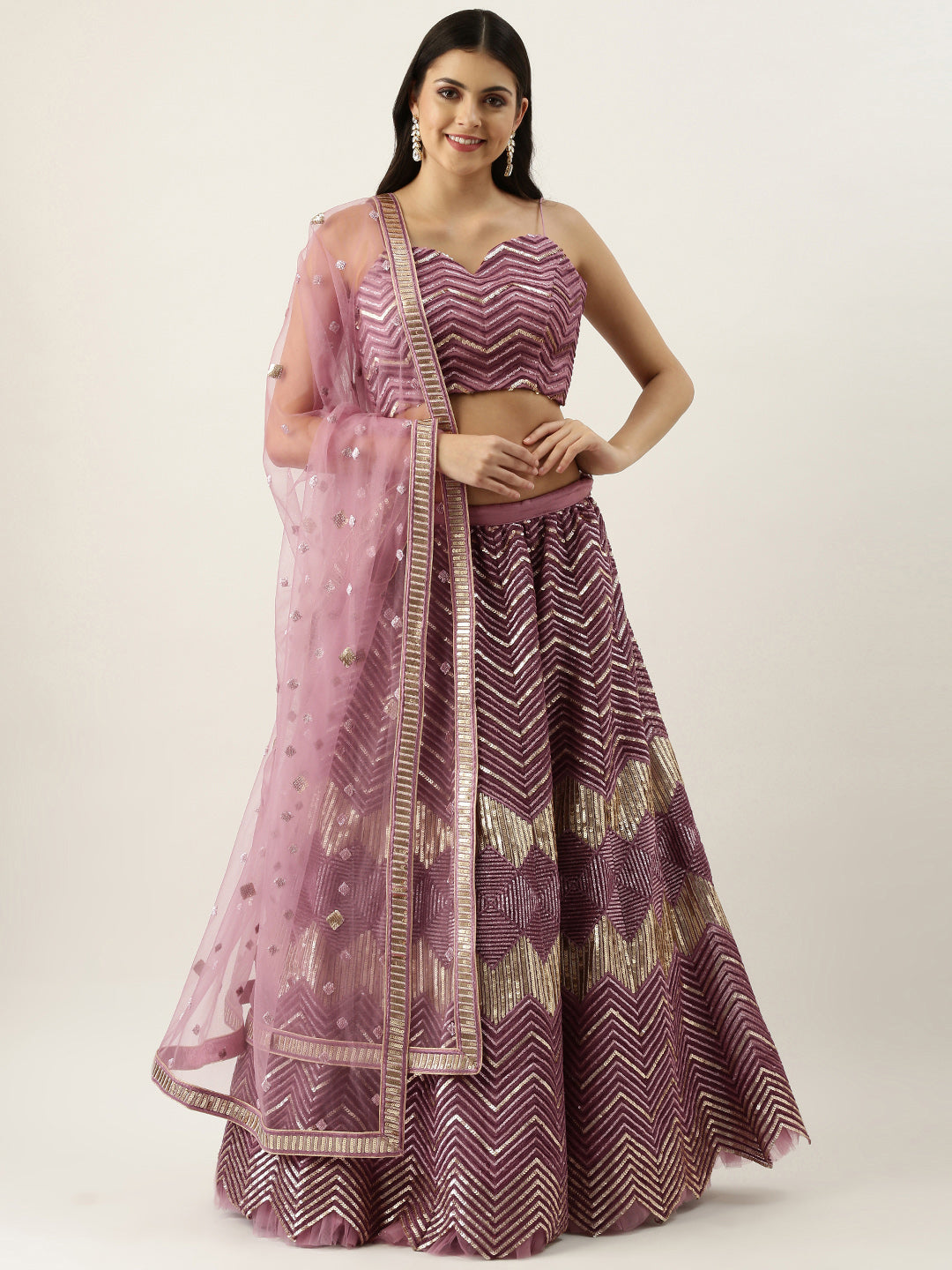 Lavender - Net Embroidered Semi-Stitched Lehenga with Zig-Zag Pattern Clothsvilla