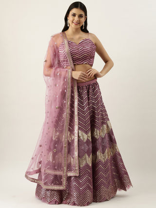 Lavender - Net Embroidered Semi-Stitched Lehenga with Zig-Zag Pattern Clothsvilla