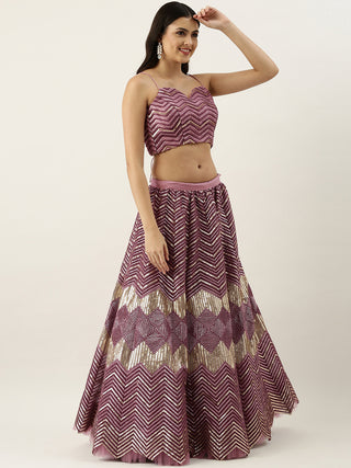Lavender - Net Embroidered Semi-Stitched Lehenga with Zig-Zag Pattern Clothsvilla