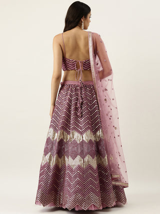 Lavender - Net Embroidered Semi-Stitched Lehenga with Zig-Zag Pattern Clothsvilla