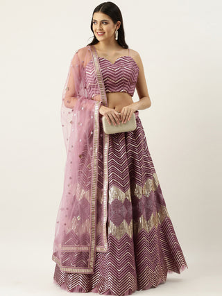 Lavender - Net Embroidered Semi-Stitched Lehenga with Zig-Zag Pattern Clothsvilla