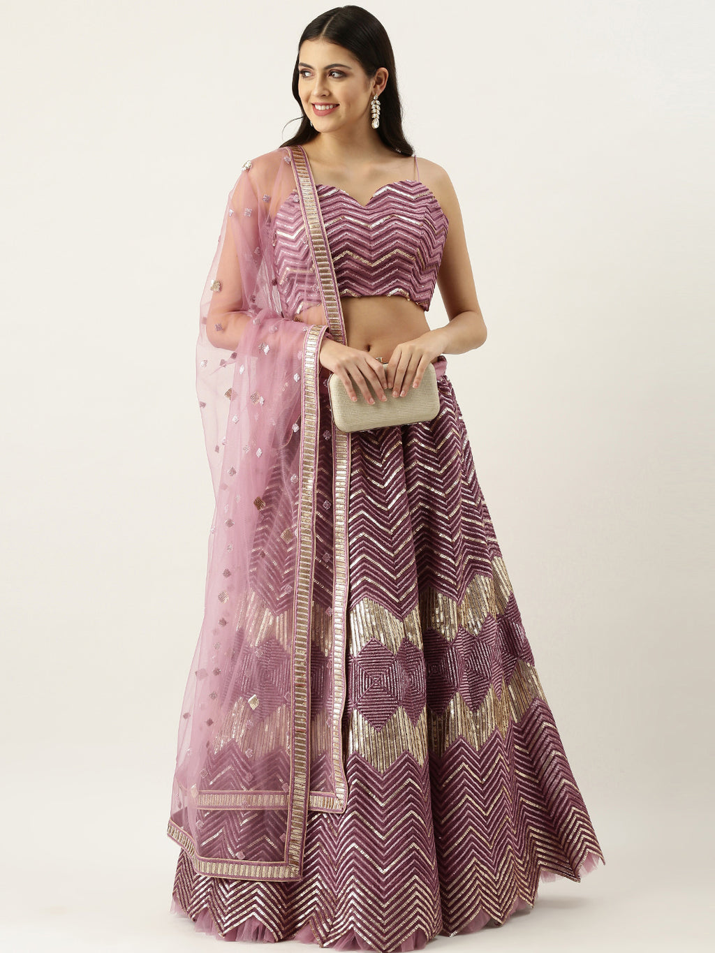Lavender - Net Embroidered Semi-Stitched Lehenga with Zig-Zag Pattern Clothsvilla
