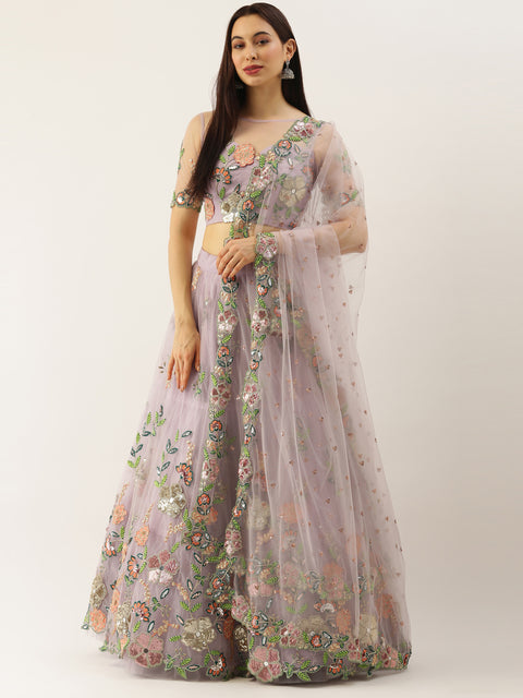 Lavender - Net Embroidered Sequence Semi-Stitched Lehenga ClothsVilla Main image