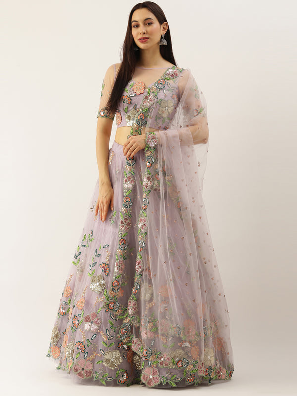 Lavender - Net Embroidered Sequence Semi-Stitched Lehenga ClothsVilla