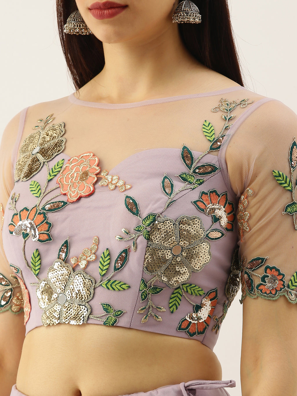 Lavender - Net Embroidered Sequence Semi-Stitched Lehenga ClothsVilla