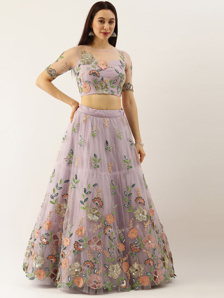 Lavender - Net Embroidered Sequence Semi-Stitched Lehenga ClothsVilla