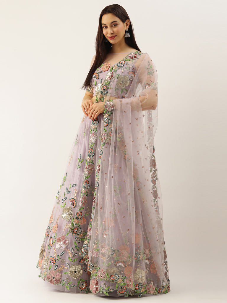 Lavender - Net Embroidered Sequence Semi-Stitched Lehenga ClothsVilla