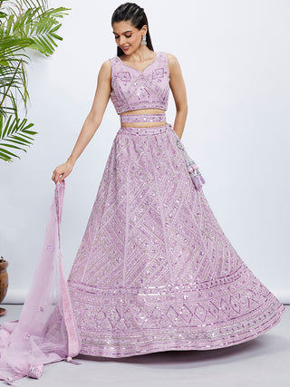 Lavender Net Lehenga Choli & Dupatta with Cutdana, Sequins & Zarkan Embroidery ClothsVilla