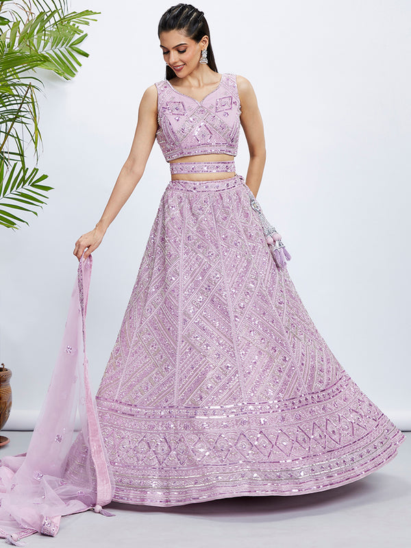 Lavender Net Lehenga Choli & Dupatta with Cutdana, Sequins & Zarkan Embroidery ClothsVilla