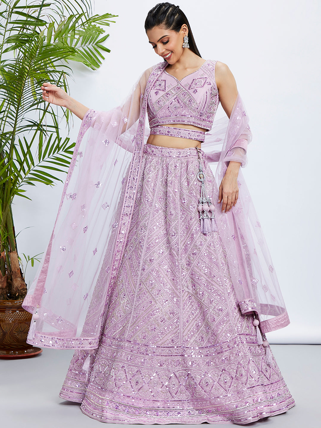 Lavender Net Lehenga Choli & Dupatta with Cutdana, Sequins & Zarkan Embroidery ClothsVilla