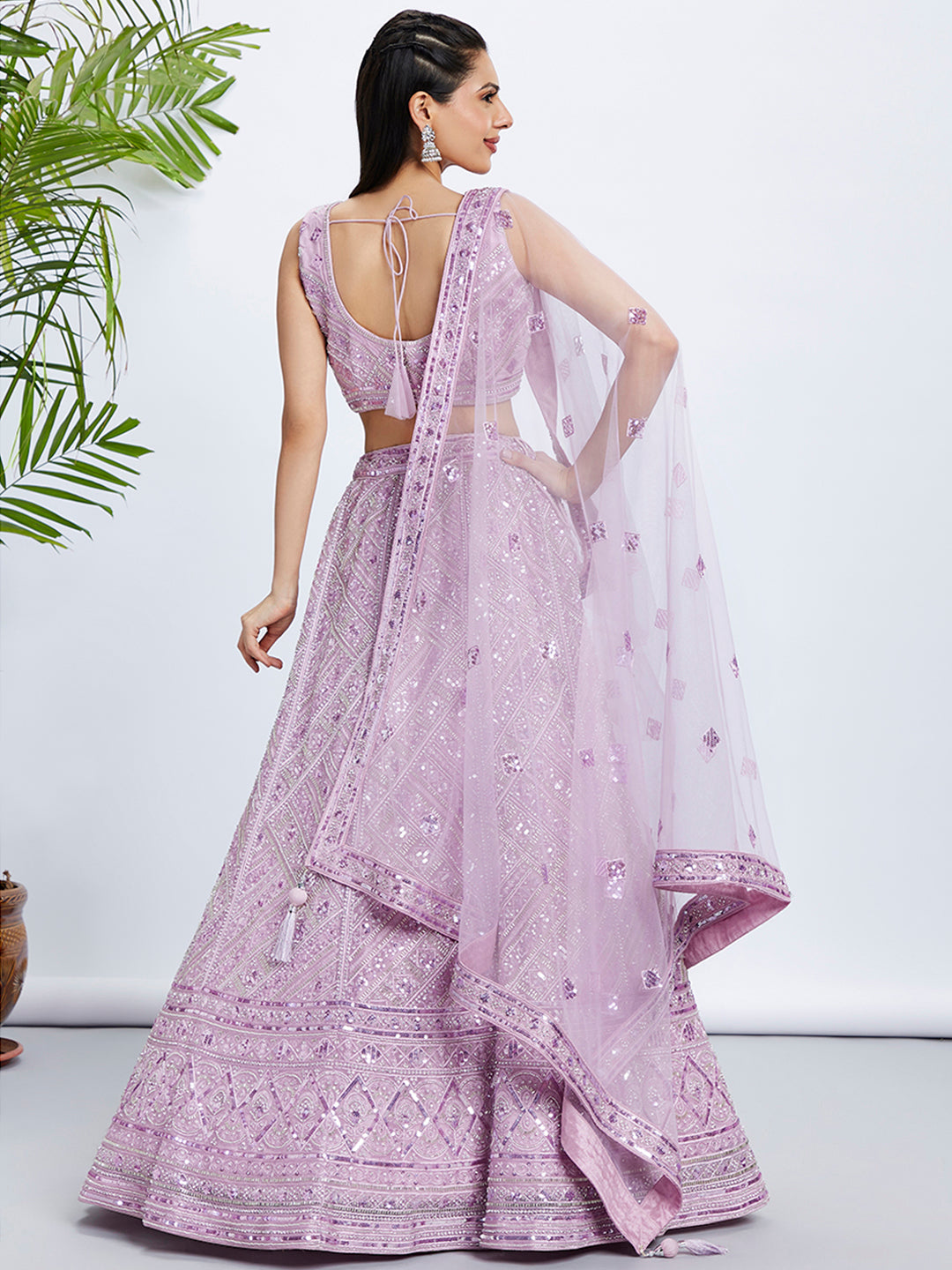 Lavender Net Lehenga Choli & Dupatta with Cutdana, Sequins & Zarkan Embroidery ClothsVilla