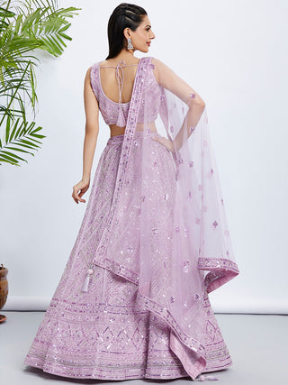 Lavender Net Lehenga Choli & Dupatta with Cutdana, Sequins & Zarkan Embroidery ClothsVilla