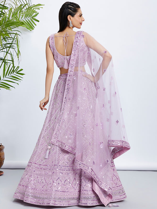 Lavender Net Lehenga Choli & Dupatta with Cutdana, Sequins & Zarkan Embroidery ClothsVilla