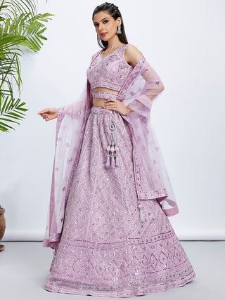 Lavender Net Lehenga Choli & Dupatta with Cutdana, Sequins & Zarkan Embroidery ClothsVilla