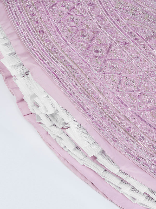 Lavender Net Lehenga Choli & Dupatta with Cutdana, Sequins & Zarkan Embroidery ClothsVilla