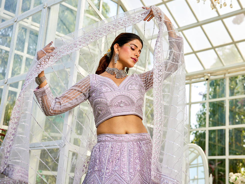 Lavender net with Beads & Zarkan embroidery Semi-Stitched Lehenga choli & Dupatta Clothsvilla