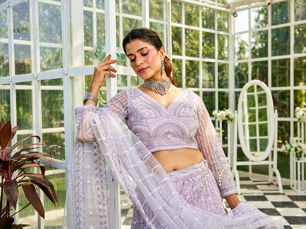 Lavender net with Beads & Zarkan embroidery Semi-Stitched Lehenga choli & Dupatta Clothsvilla