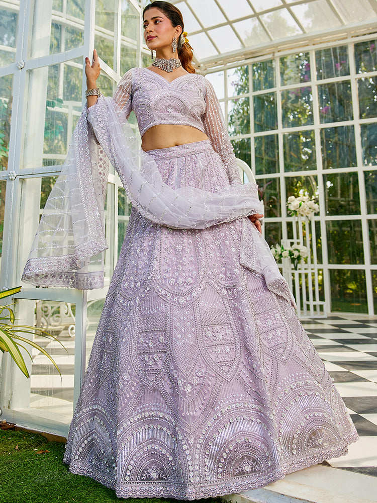 Lavender net with Beads & Zarkan embroidery Semi-Stitched Lehenga choli & Dupatta Clothsvilla