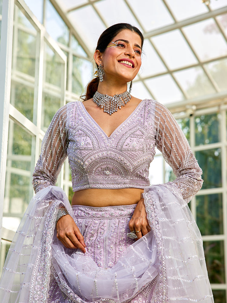 Lavender net with Beads & Zarkan embroidery Semi-Stitched Lehenga choli & Dupatta Clothsvilla
