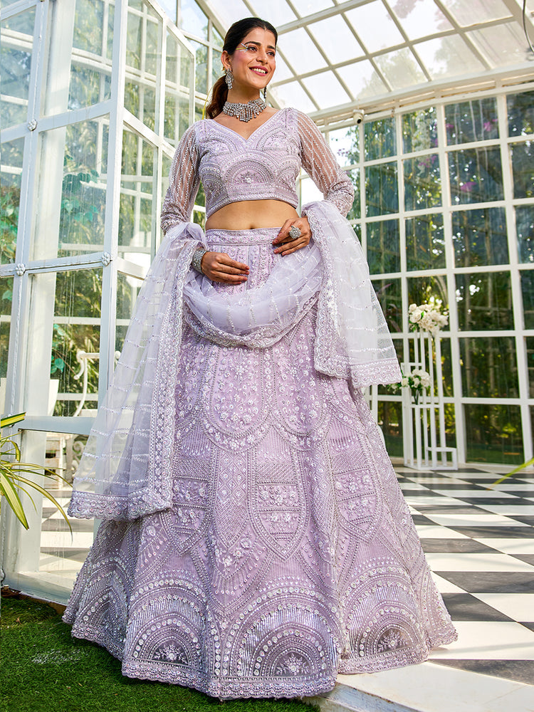 Lavender net with Beads & Zarkan embroidery Semi-Stitched Lehenga choli & Dupatta Clothsvilla