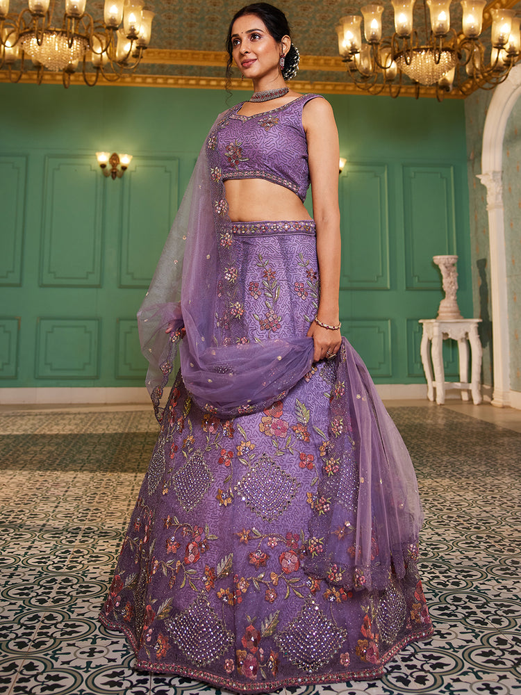 Lavender net with Coding & Zarkan embroidery Semi-Stitched Lehenga choli & Dupatta ClothsVilla