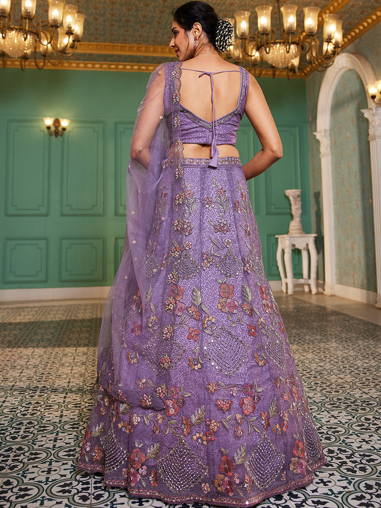 Lavender net with Coding & Zarkan embroidery Semi-Stitched Lehenga choli & Dupatta ClothsVilla