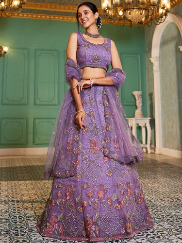 Lavender net with Coding & Zarkan embroidery Semi-Stitched Lehenga choli & Dupatta ClothsVilla