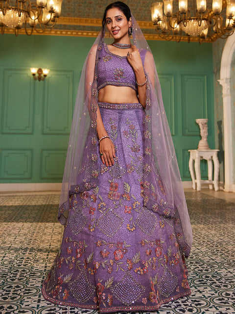 Lavender net with Coding & Zarkan embroidery Semi-Stitched Lehenga choli & Dupatta ClothsVilla Main image