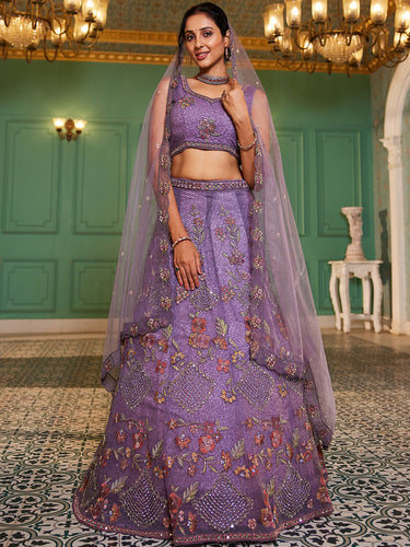 Lavender net with Coding & Zarkan embroidery Semi-Stitched Lehenga choli & Dupatta ClothsVilla
