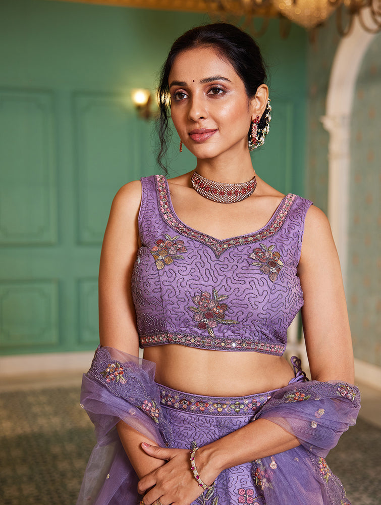 Lavender net with Coding & Zarkan embroidery Semi-Stitched Lehenga choli & Dupatta ClothsVilla