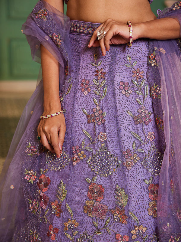 Lavender net with Coding & Zarkan embroidery Semi-Stitched Lehenga choli & Dupatta ClothsVilla