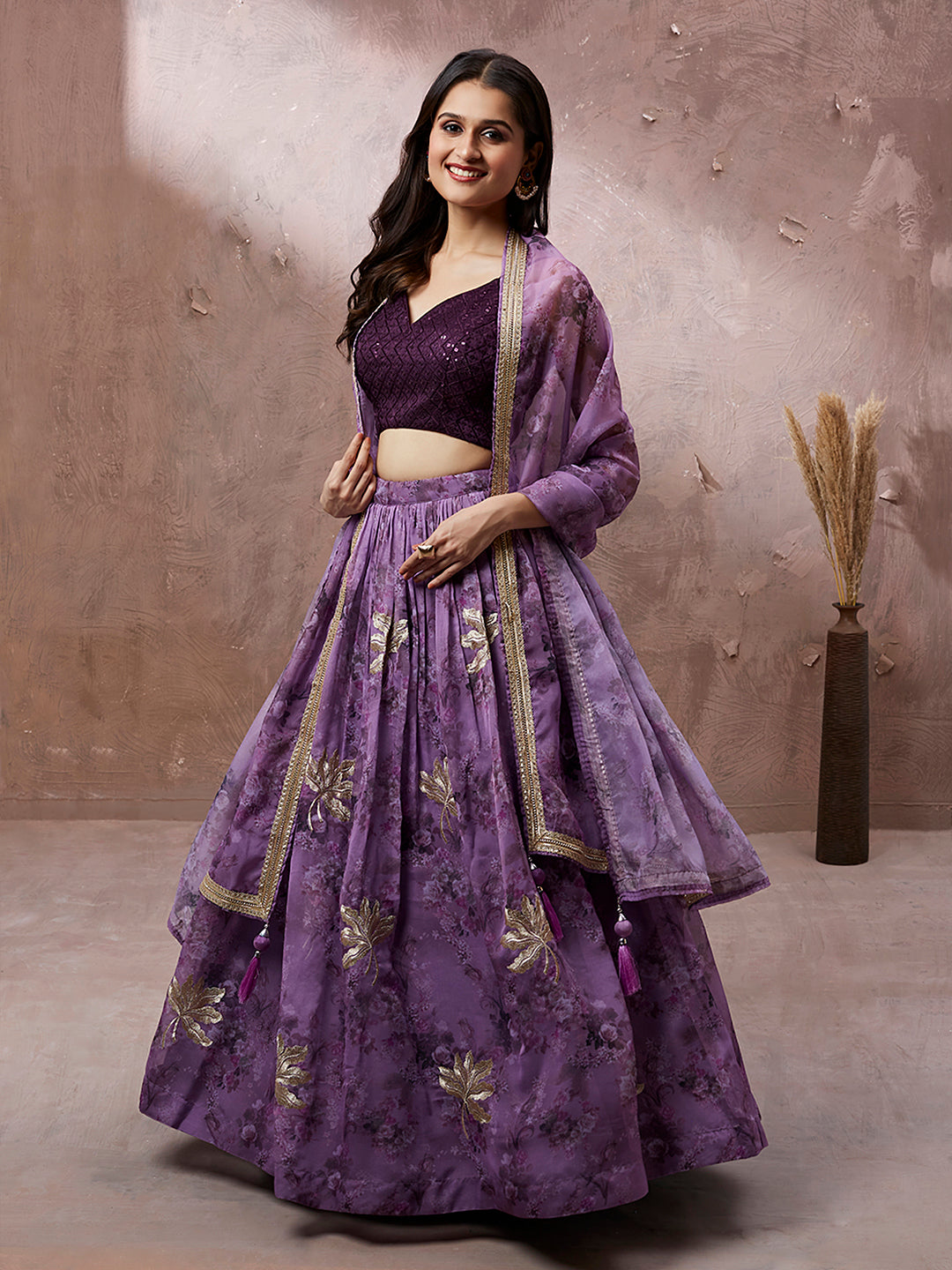 Lavender Organza Floral Printed Semi-Stitched Lehenga choli & Dupatta Clothsvilla