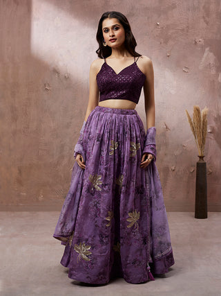 Lavender Organza Floral Printed Semi-Stitched Lehenga choli & Dupatta Clothsvilla